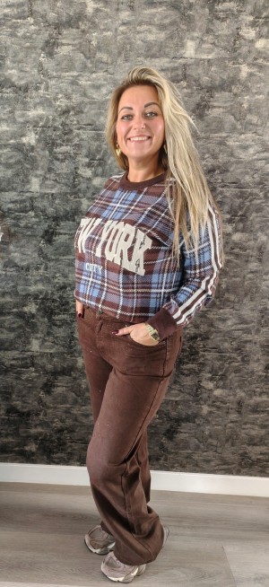 Geruite New York Sweater – Bruin/Blauw”. 