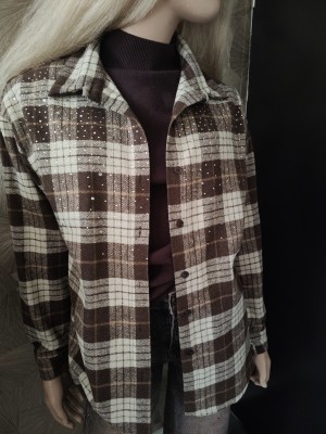 Ruitblouse bruin strass