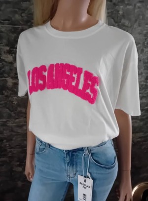 Oversized wit shirt LA fel roze teddybont 